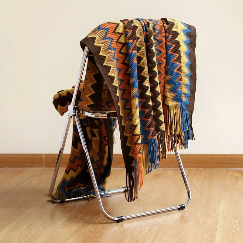 couverture multicolore zigzag ethnique fixations portable anti boulochage printemps automne
