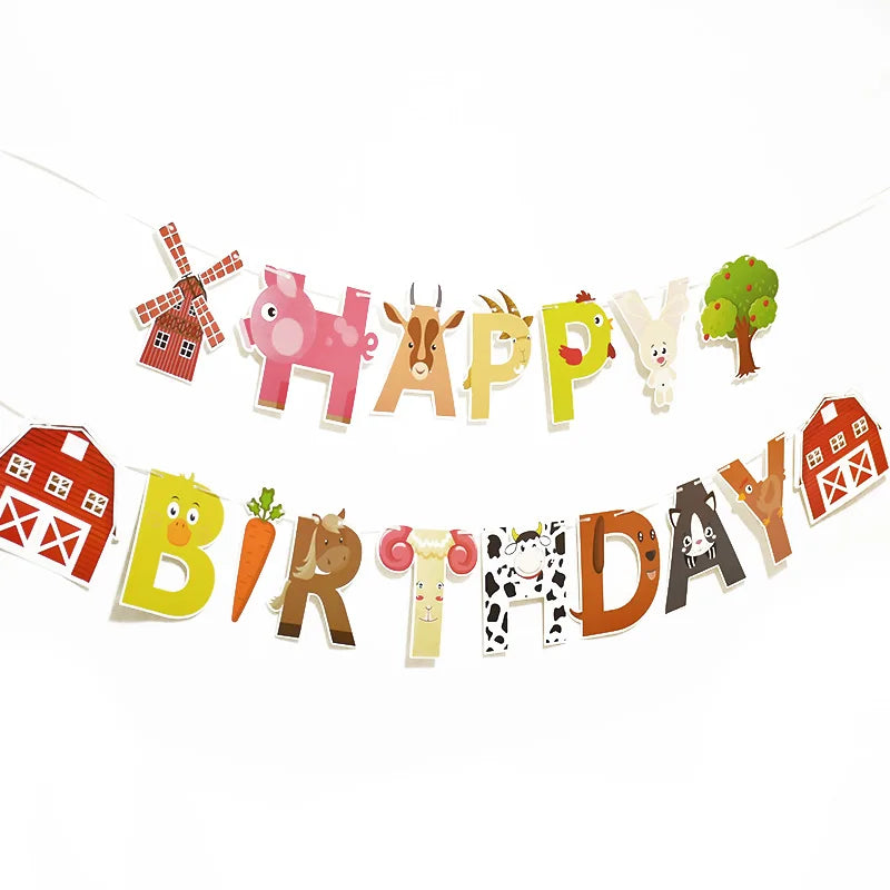 guirlande lettres happy birthday animaux fermiers décorative occasion anniversaire enfants porcs vaches poulets motifs