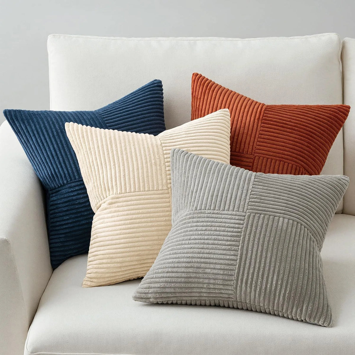 housse coussin velours côtelé rayures horizontales décorative moderne lit canapé salon bleu beige