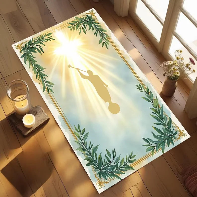 tapis religieux symboles ornementations dorées église oiseau soleil classique noir blanc