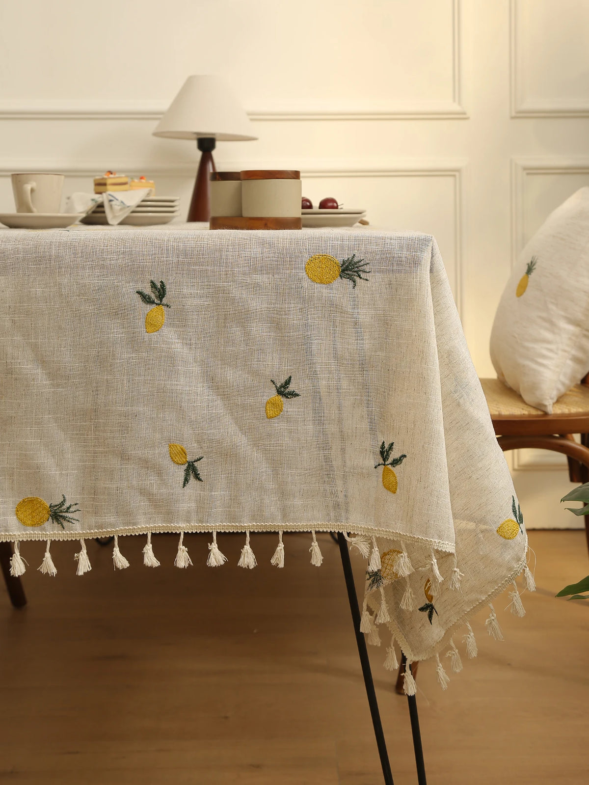 nappe table brodée citrons jaunes vertes rustique printemps été linen polyester réutilisable maison festives