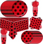 assiettes papier festives fourchettes couteaux serviettes nappe moderne points rouges noirs
