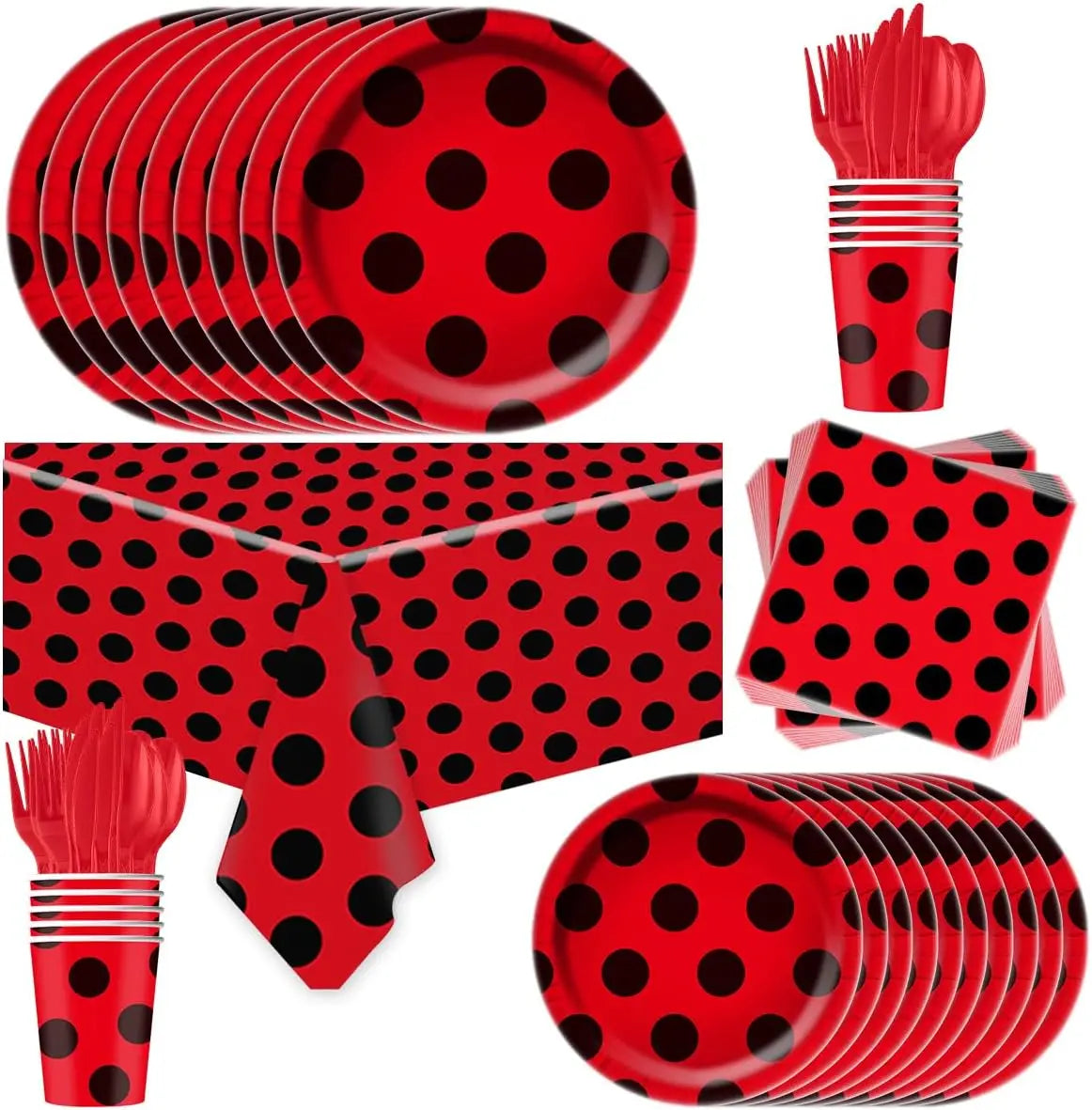 assiettes papier festives fourchettes couteaux serviettes nappe moderne points rouges noirs