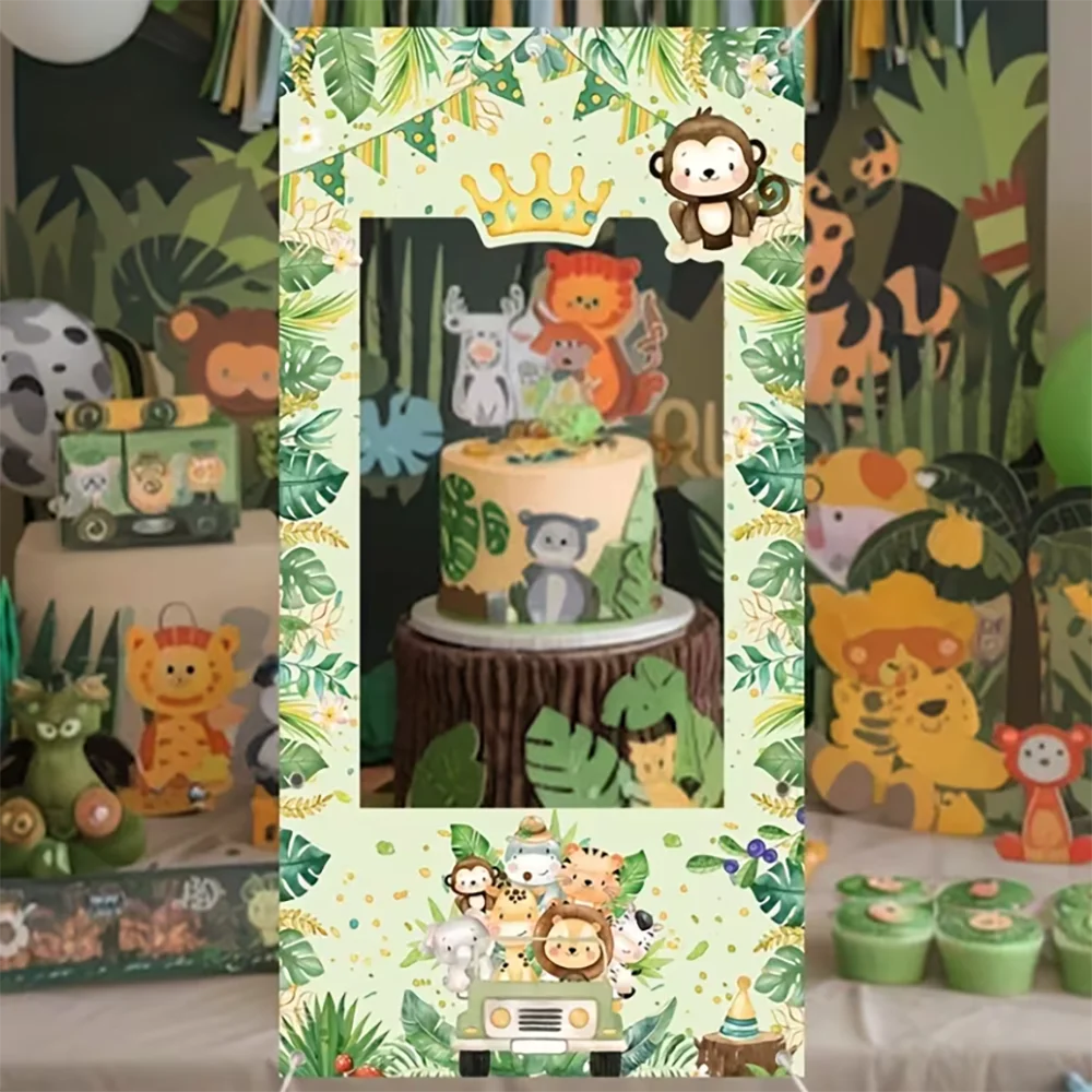 cadre photo vinyle jungle animaux motifs feuilles vert clips festif anniversaire enfants décoration tropicale