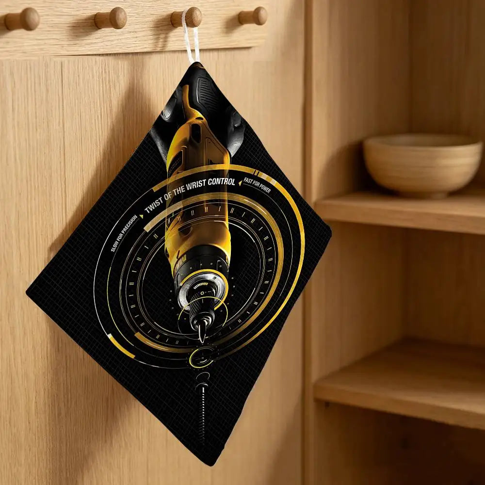 serviette cuisine jaune noir logo dewalt étoiles dorées séchage rapide pratique moderne