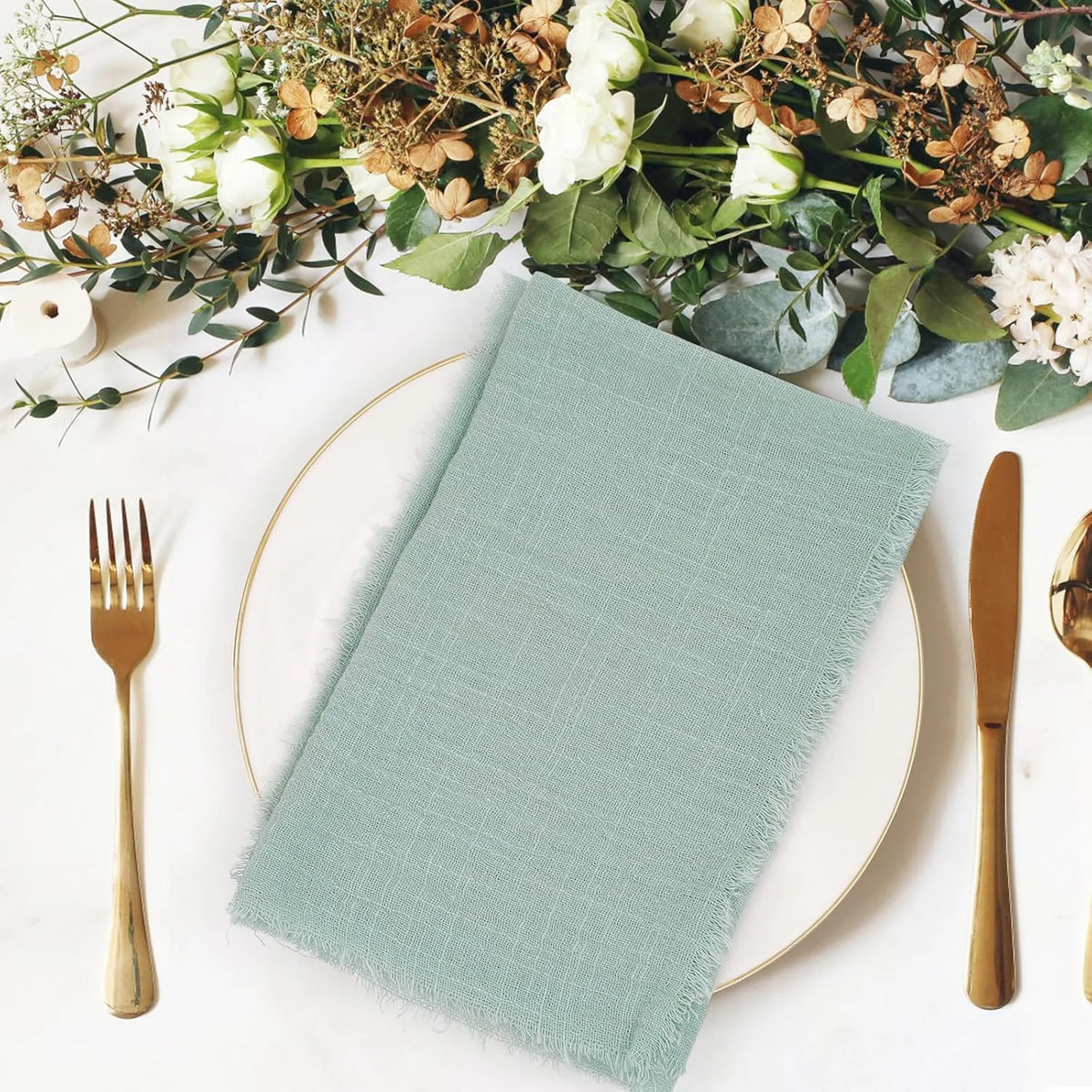 serviettes réutilisables coton jaune bleu clair classiques effilochées clips décoratifs table restaurant maison