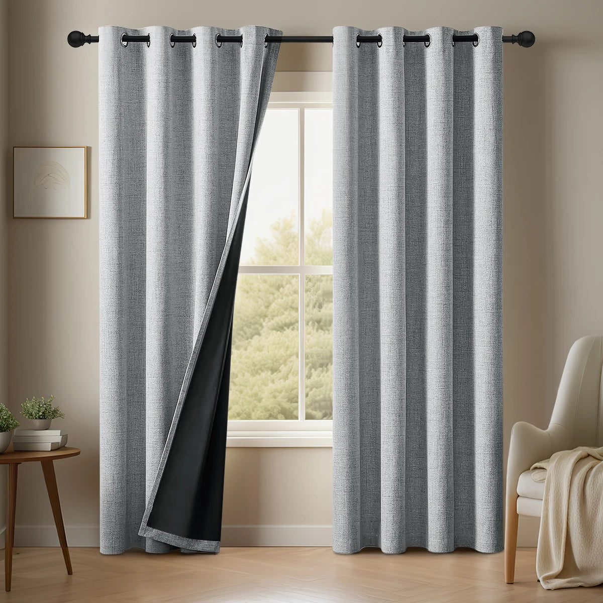 rideau texturé lin gris clair opaque moderne tringle minimaliste chambre salon