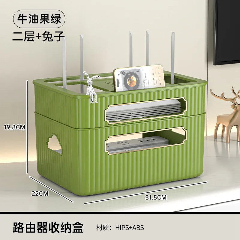 boîte rangement routeur décodeur tv gestion câbles organisateur moderne vert beige épuré