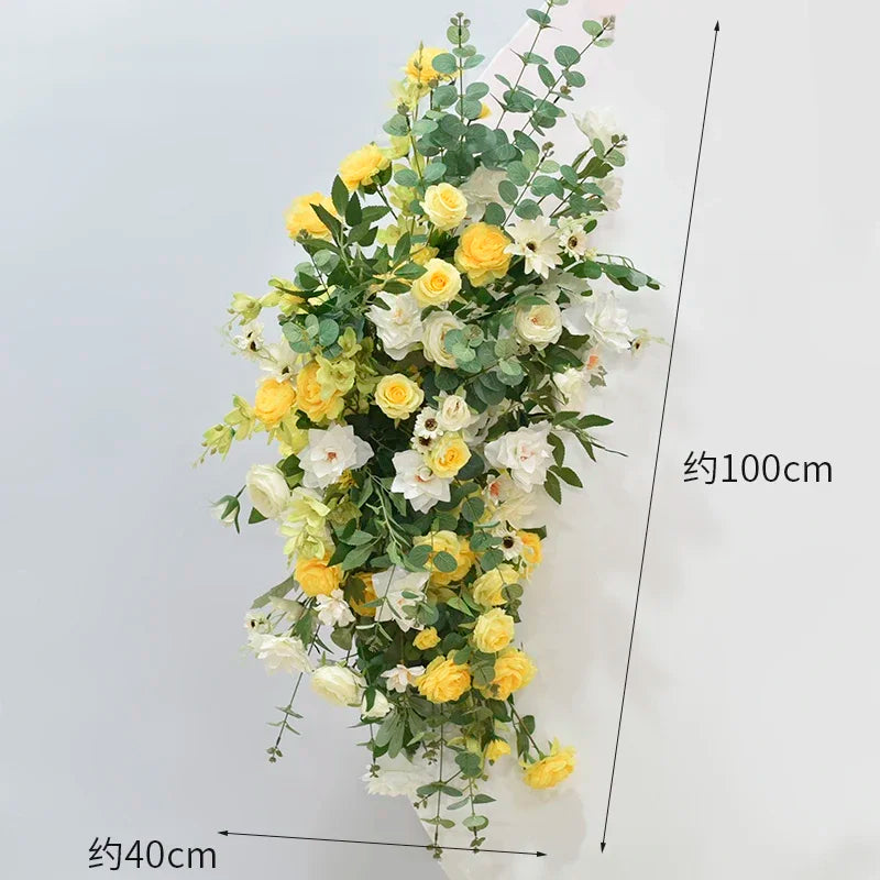 décoration florale artificielle mariage extérieur roses jaunes blanches hortensias verts