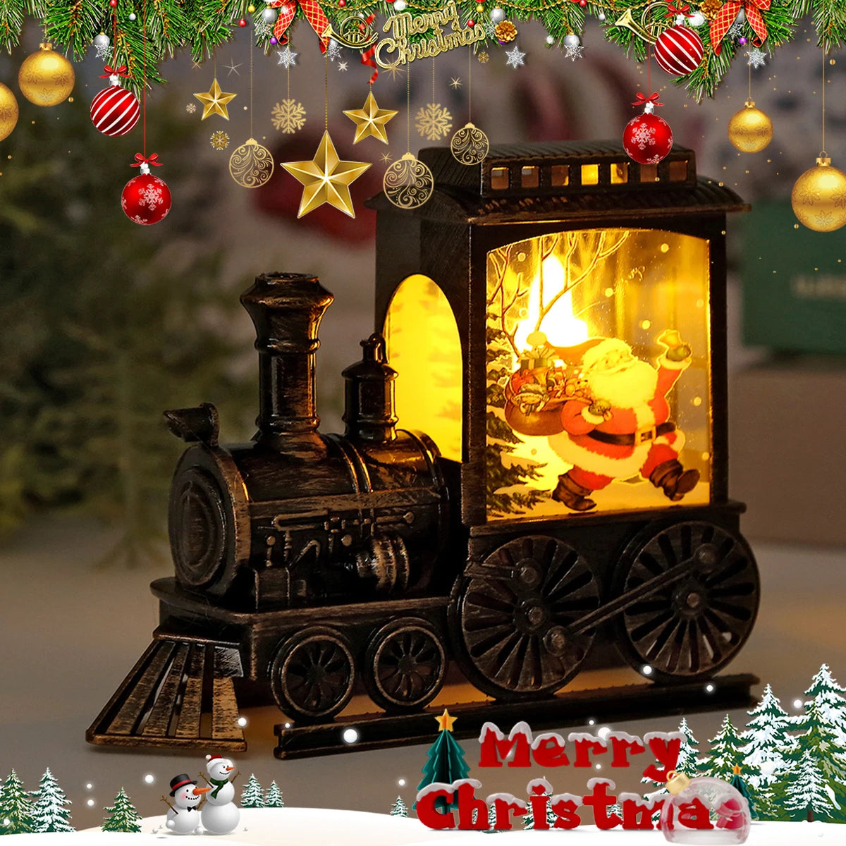 lampe décorative vintage locomotive noire personnages noël arbre flocons đèn trang trí