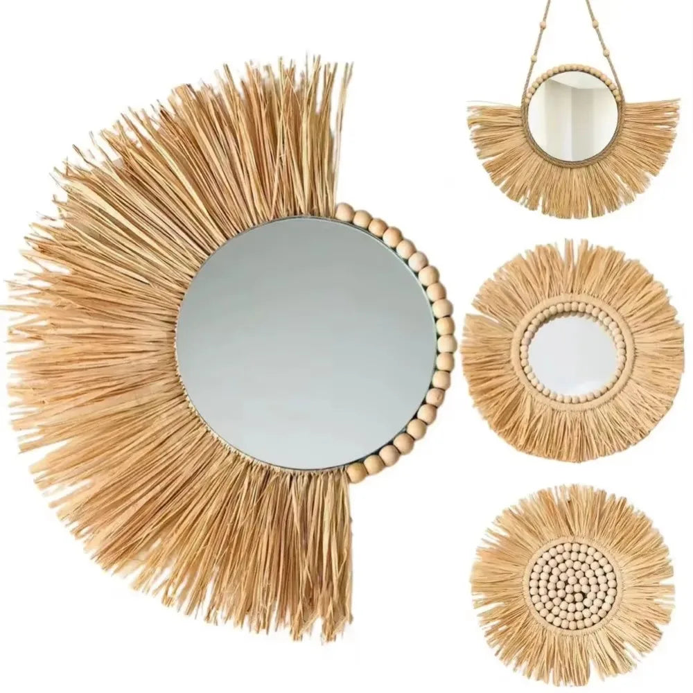 Miroir rond perles bois acrylique salon