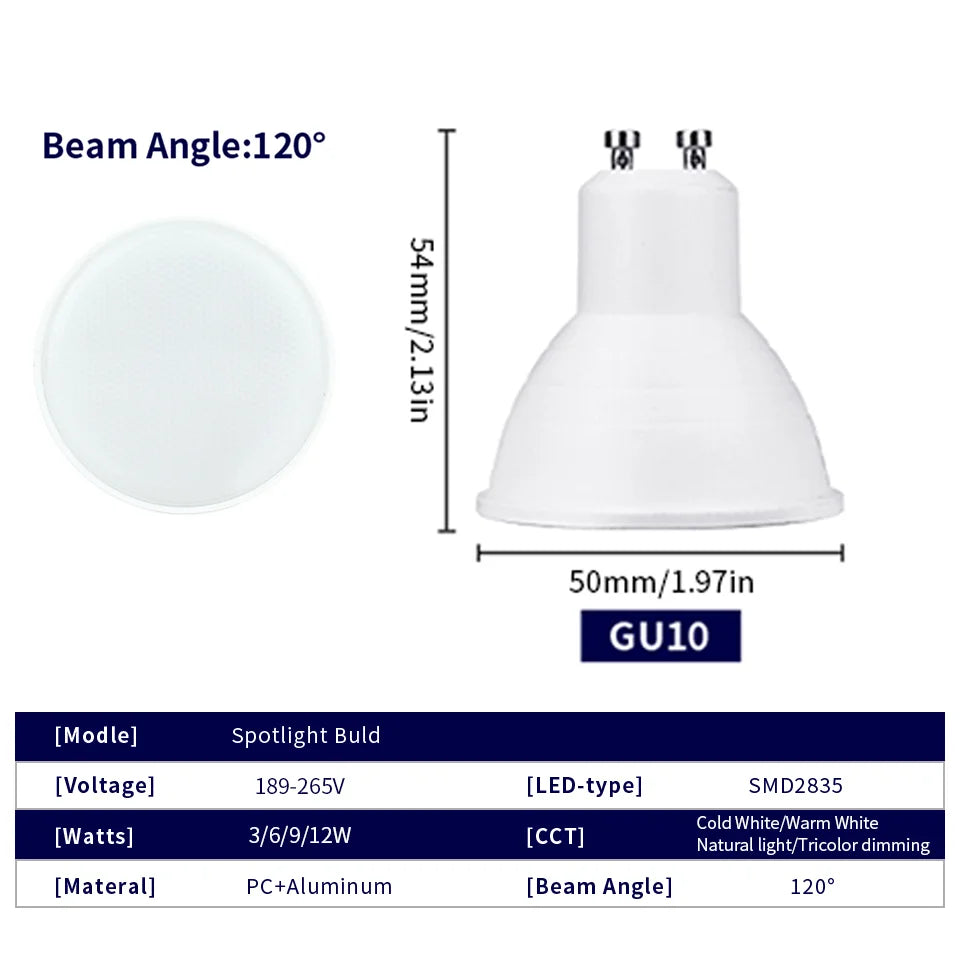 ampoule led gu10 249 2000 lumens blanc mat moderne 50000 heures 120 degrés