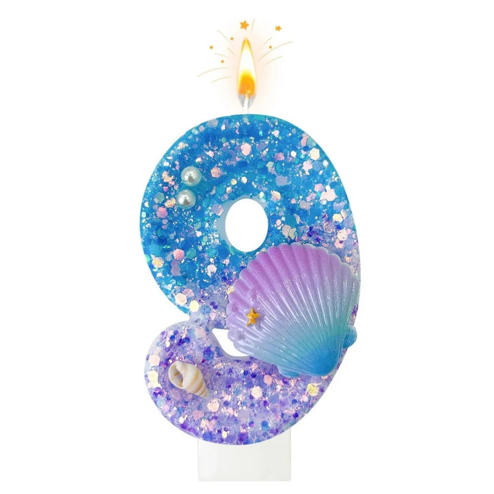 bougies numéraires paillettes sous marine coquillages décoratives anniversaire bleu violet blanc doré