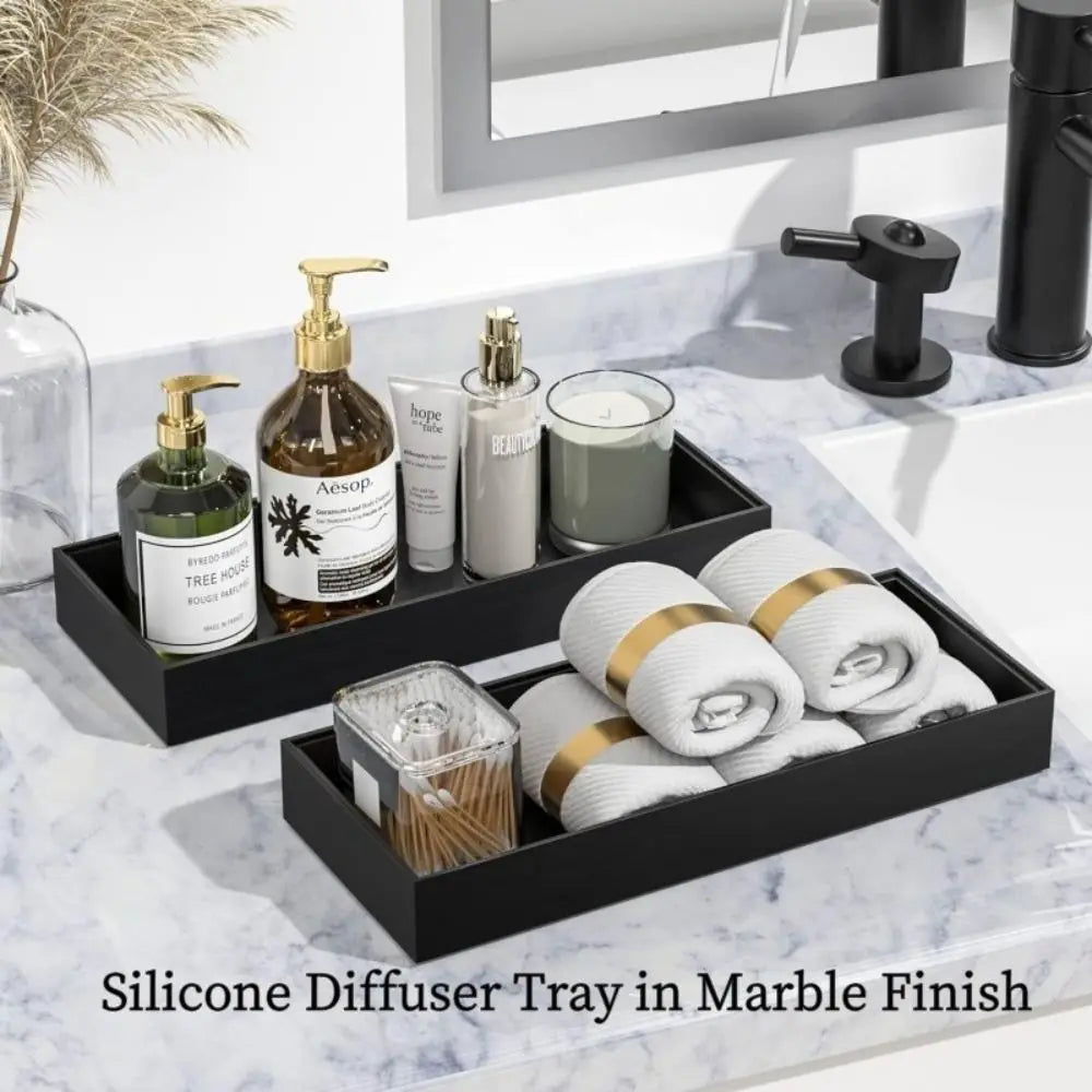 plateau silicone marbre moderne noir blanc diffuseur savon parfum bougie serviettes brosse dents lotion