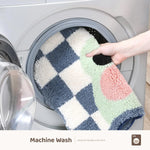 tapis bain antidérapant polyester feutre décoratif carreaux géométriques souriant vert clair bleu marine