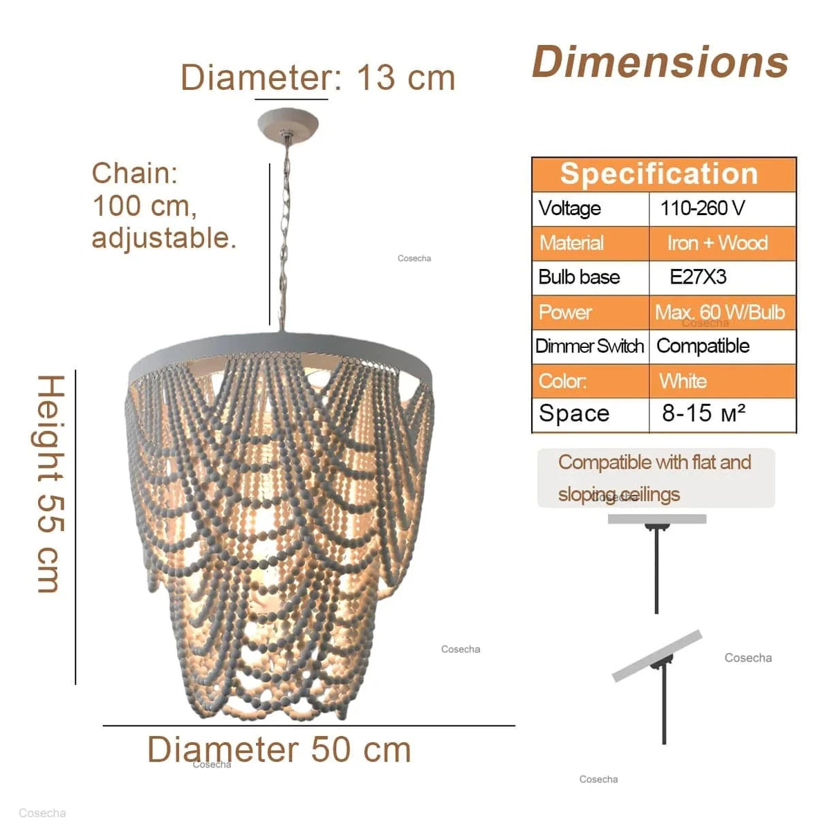 lampe suspendue bois blanc noire chaîne dorée classique vintage chambre cuisine salle manger