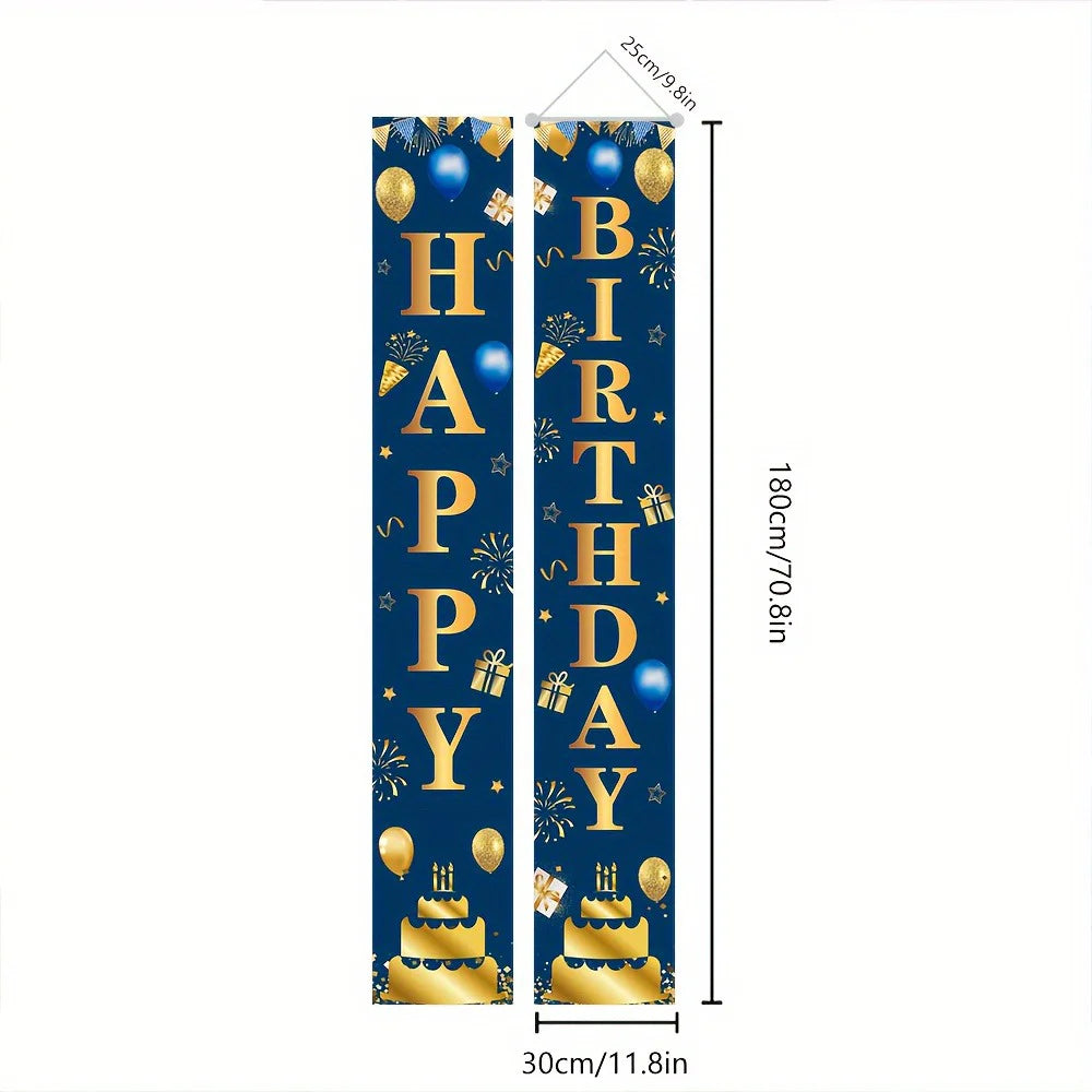 bannières fête anniversaire bleu marine doré lettres joyeux birthday confettis ballons étoiles gâteau doré