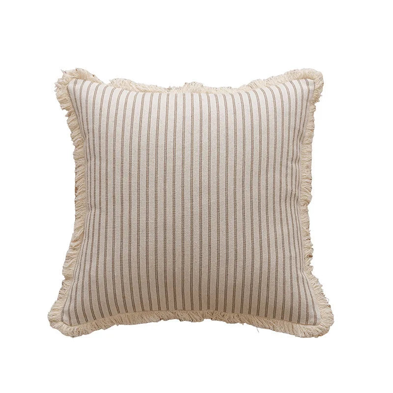 housse coussin rayures coton chanvre rustique beige rouge decoratif maison canape lit salon voiture