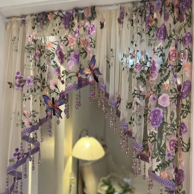 Rideau floral transparent brodé tulle papillons décoration romantique bohème maison