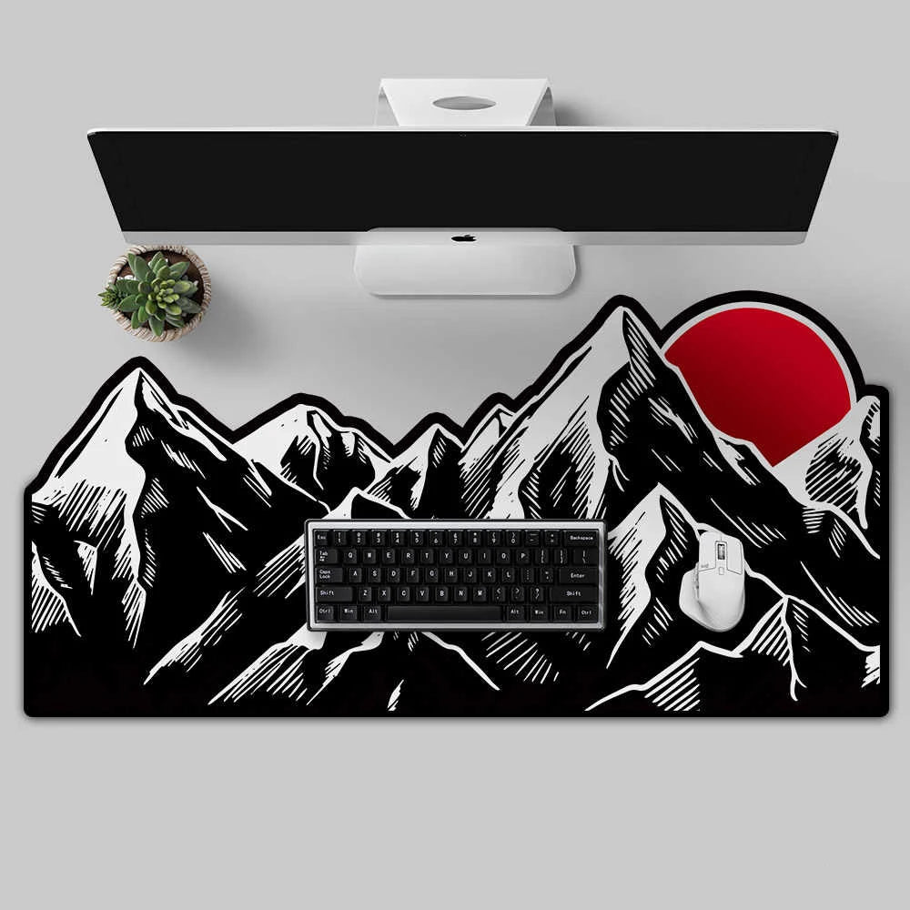tapis souris noir blanc rouge motif soleil montagnes graphique japon minimaliste gaming workspace élégance