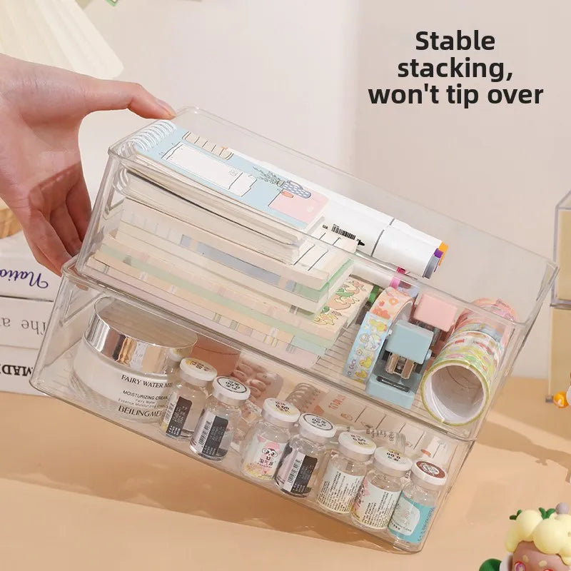 boîtes rangement transparentes modernes minimalistes poignées papeterie organisation étudiants cosmétiques articles divers collations