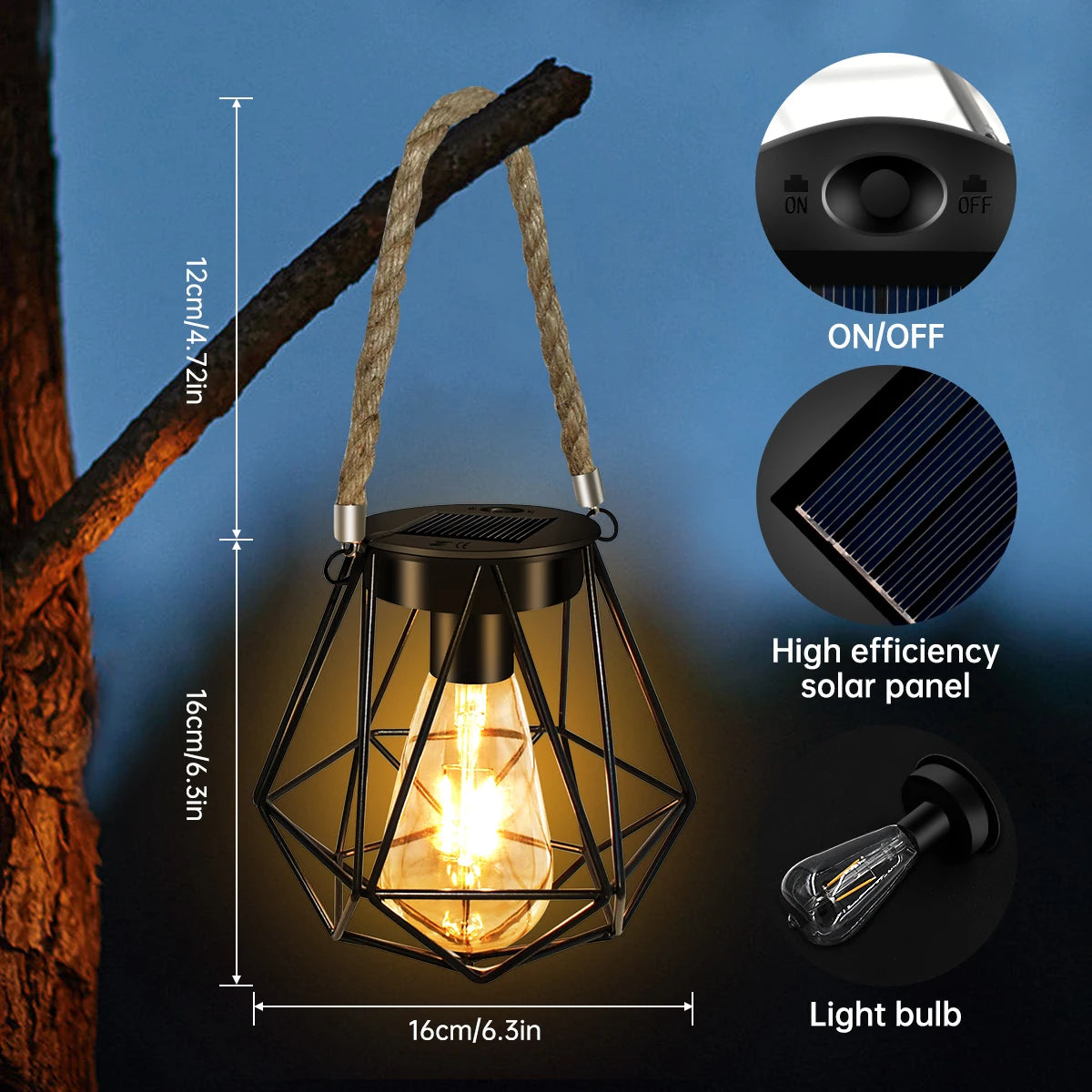 lampe solaire suspendue vintage cage métal noir rustique autonomie jardinextérieur