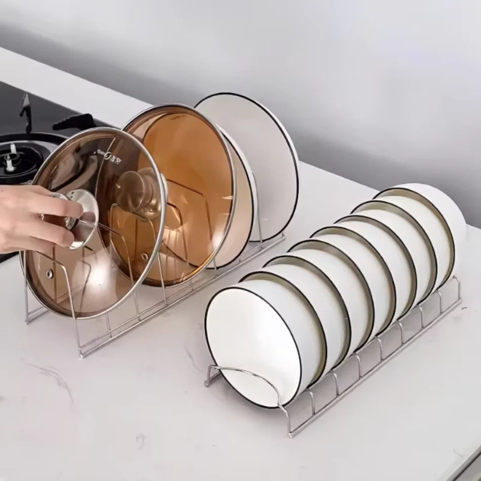 rangement assiettes couvercles casserole acier inoxydable blanc moderne minimaliste drainage auto transparent bois texturé