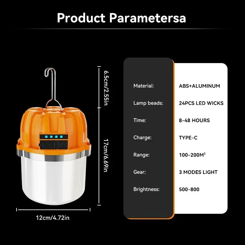 lampe camping rechargeable usb orange blanc interrupteur tactile port charge urgence extérieur pêche moderne