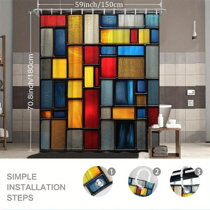 rideau douche mosaïque colorée texture grunge moderne rouge jaune bleu gris noir abstraite anneaux