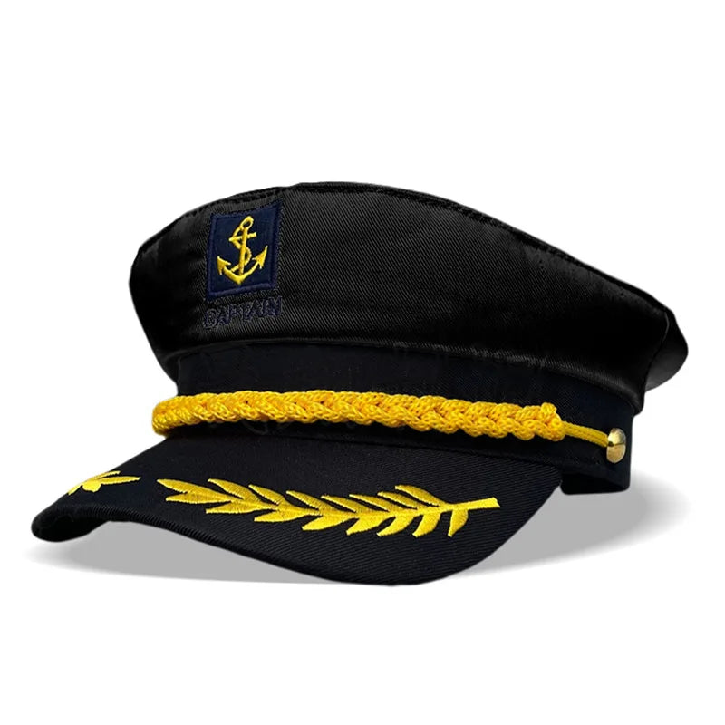 chapeau marin brodé ancre captain feuilles dorées ajustable noir blanc anniversaire mariage fête