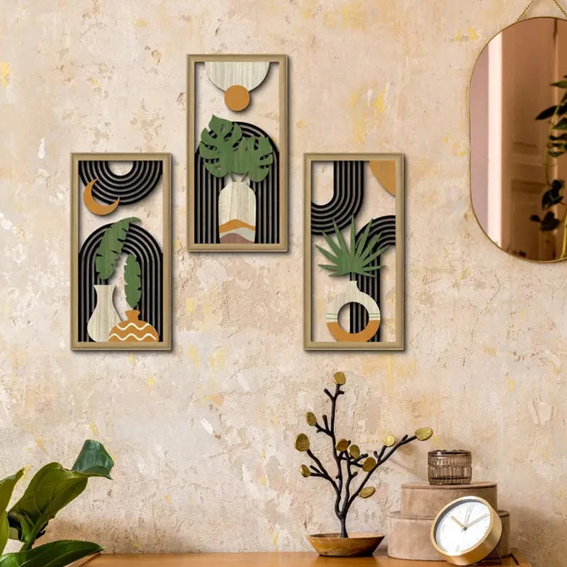 tableaux abstraits modernes bois noir blanc vert feuilles demi lunes dorées minimaliste