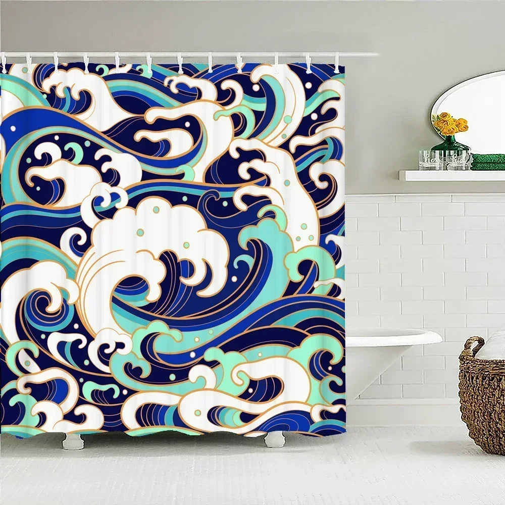 rideau douche imprimé vague japonais ourlet standard polyester opaque moderne tringle respectueux environnement
