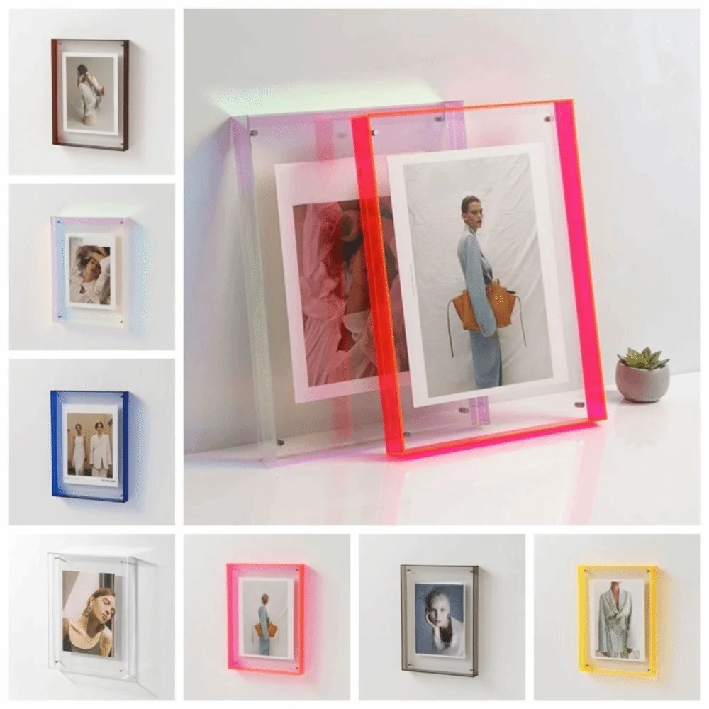 cadre photo mural moderne transparent jaune orange gris vert bleu rose suspension vis fixe