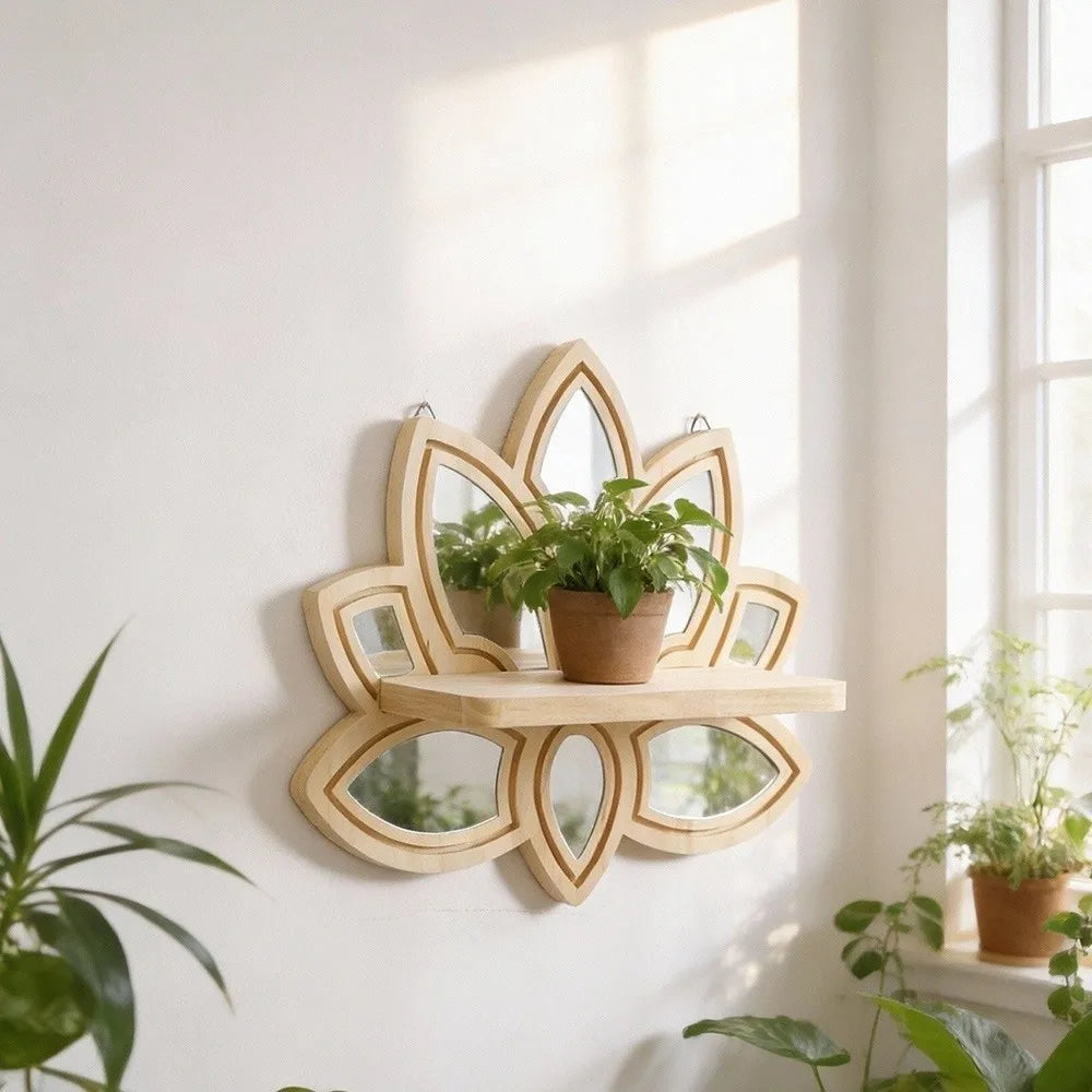 étagère miroir étagère bois fleur lotus moderne naturel beige clips
