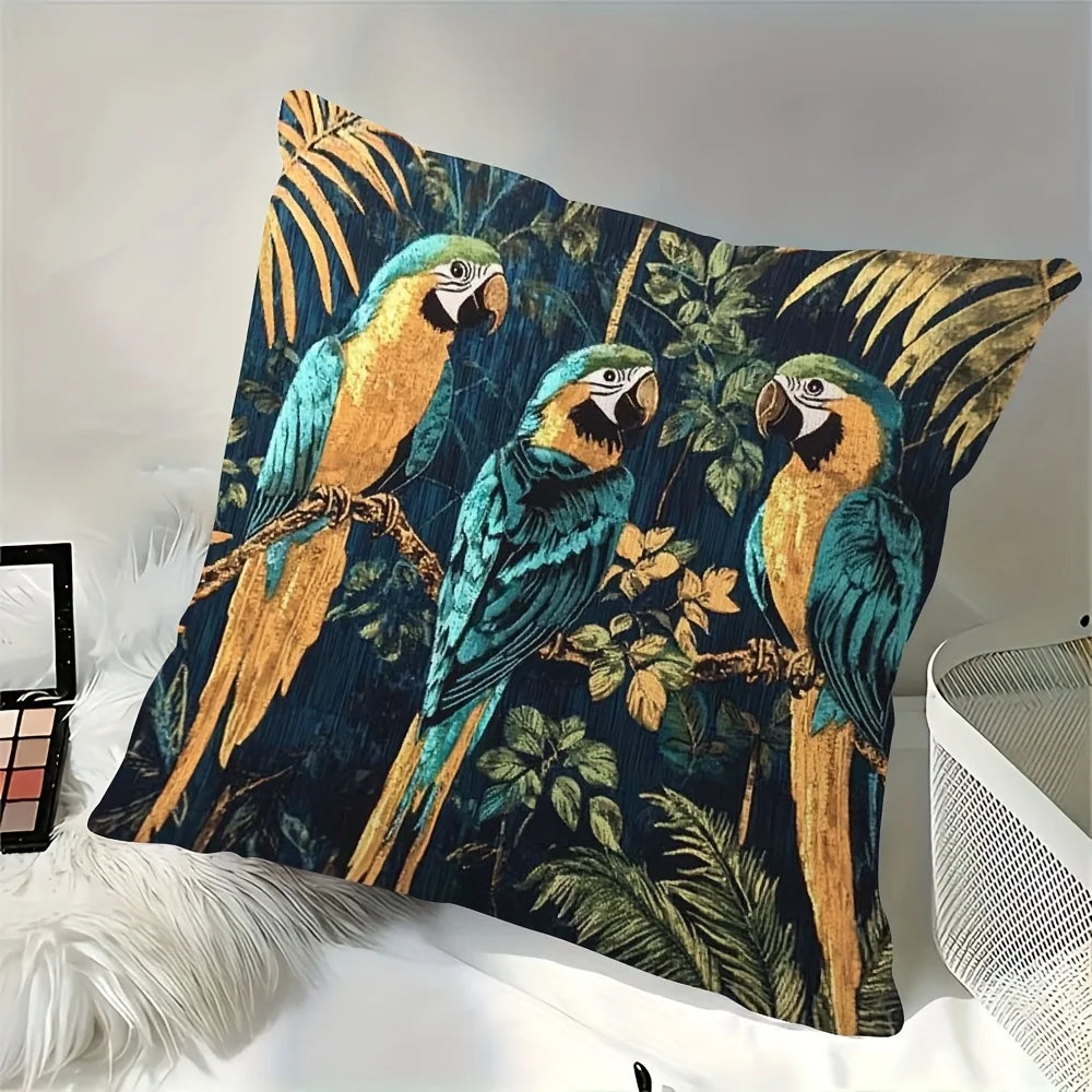 housse coussin carré vintage oiseaux exotiques feuilles tropicales bleu vert doré polyester peacheskin 45x45cm