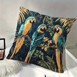 housse coussin carré vintage oiseaux exotiques feuilles tropicales bleu vert doré polyester peacheskin 45x45cm