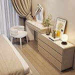 meuble coiffeuse bois blanc moderne tiroirs miroir tabouret lampe maquillage chambre