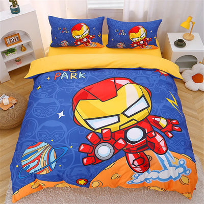 Housse de couette Iron Man imprimée 3D en microfibre bleu marine sur un lit