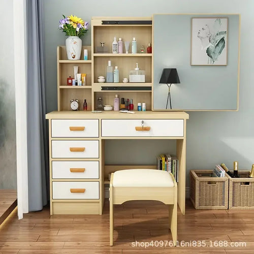 maquillage moderne plateau miroir coulissant tiroir bois tabouret chambre minimaliste