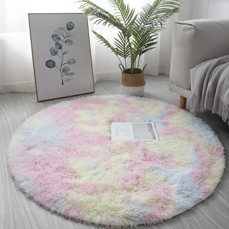 tapis rond doux moderne peluche blanc rose bleu gris beige maison salon chambreextérieur