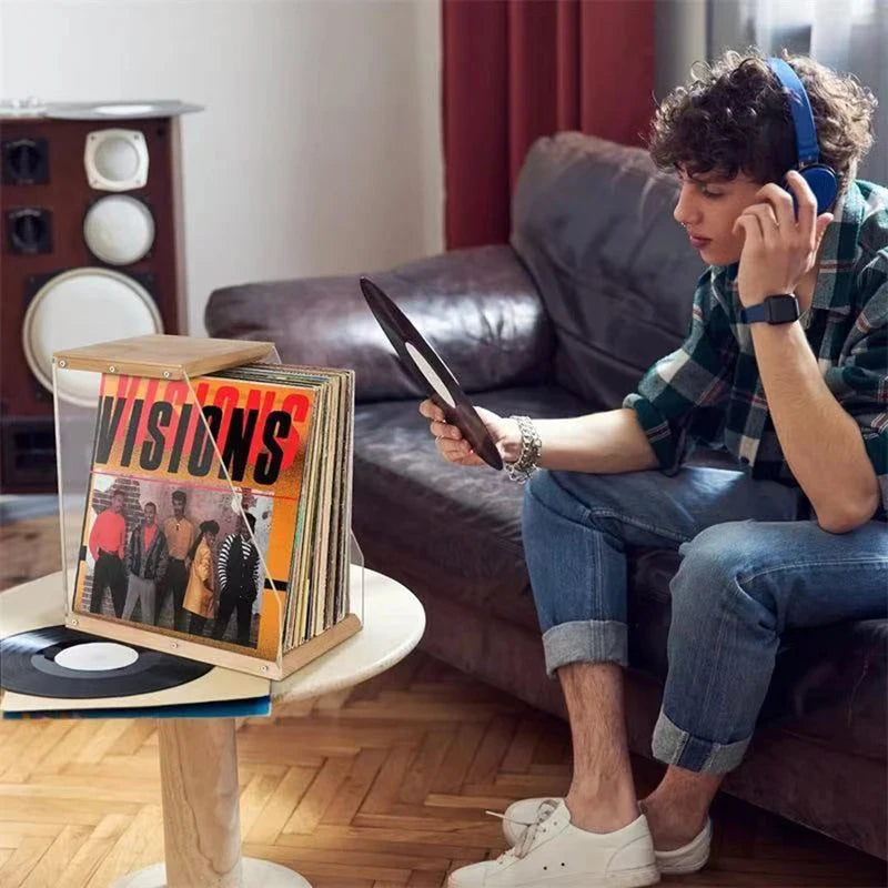 présentoir disques vinyles bois naturel transparent moderne vis fixations minimalistes