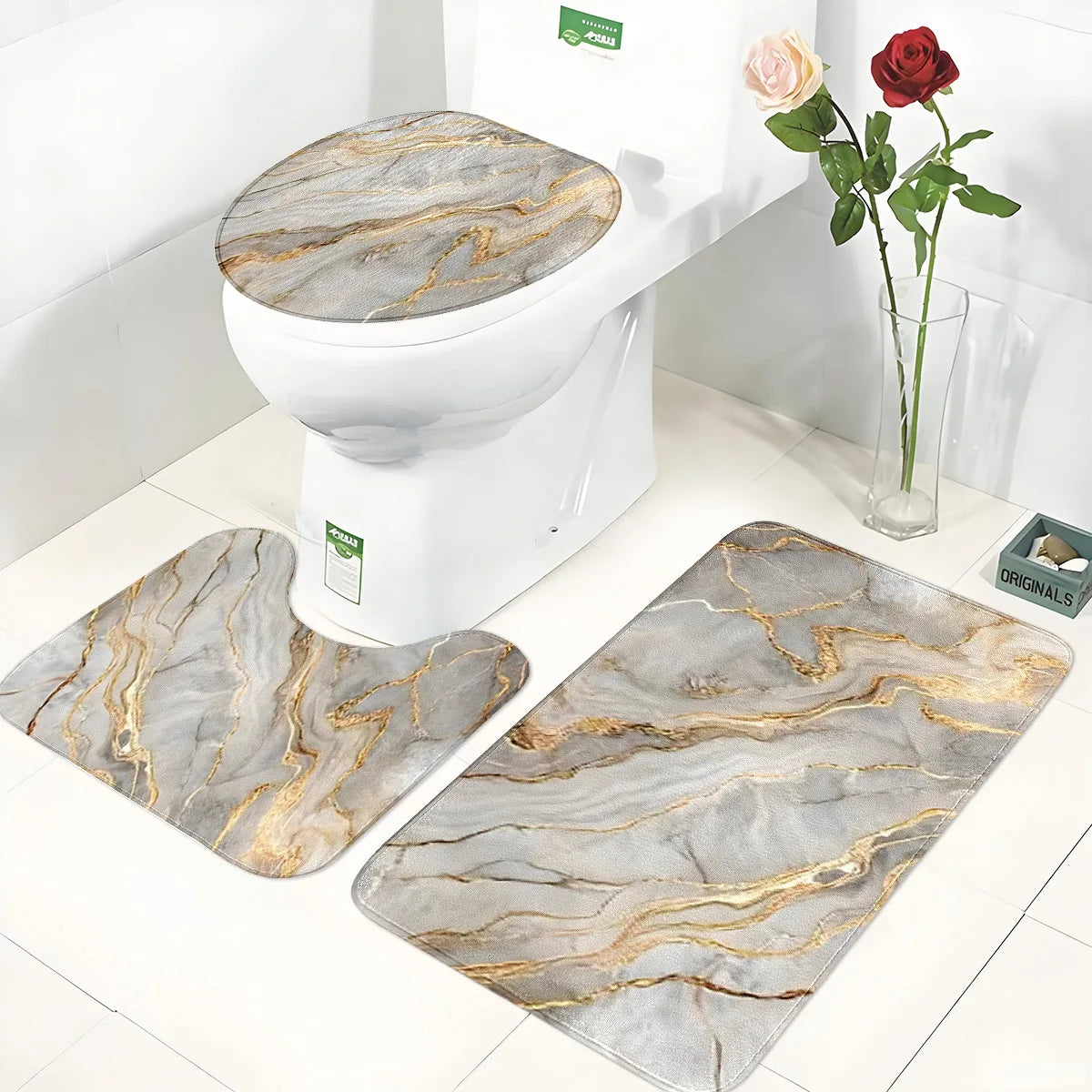 tapis toilette ensemble moderne gris doré marbre veines adhésif salle bain trois pièces flanelle