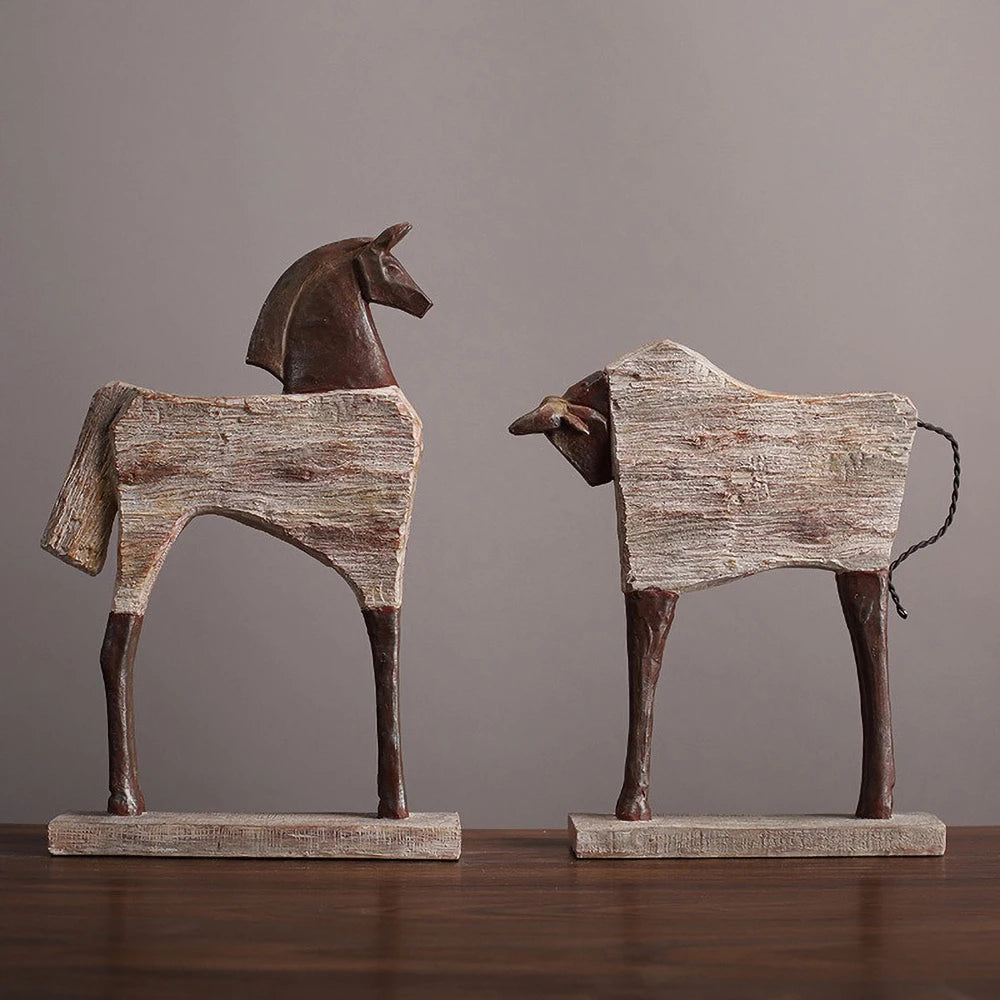 sculpture animale cheval taureau résine marron blanc cassé rustique décoration mur galerie.texture boisée aspect