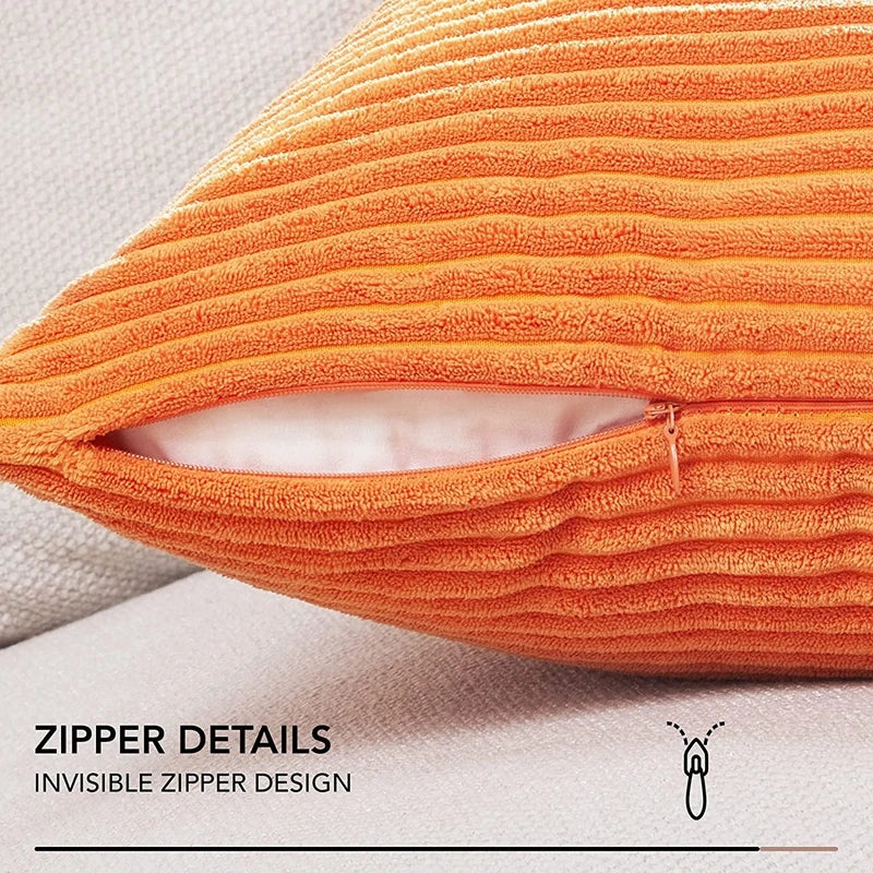 housse coussin velours côtelé orange rayé décorative canapé salon moderne zip invisible textile doux
