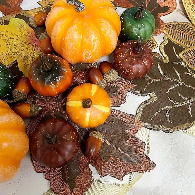 table table feuilles automnales brodées marron orange rouge doré texture tissée rustique