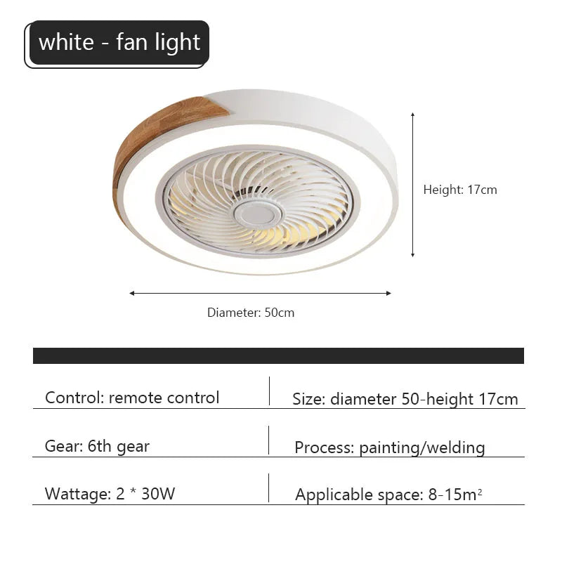 ventilateur led lampe moderne télécommande lames blanches cadre bois minimaliste chambre salon