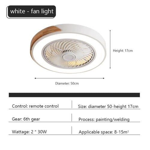ventilateur led lampe moderne télécommande lames blanches cadre bois minimaliste chambre salon