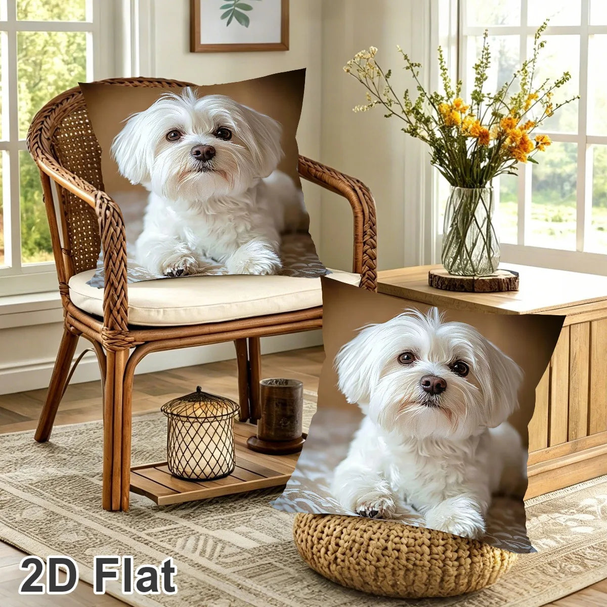 housse coussin chien blanc motif moderne polyester peacheskin fixation salon canapé chambre