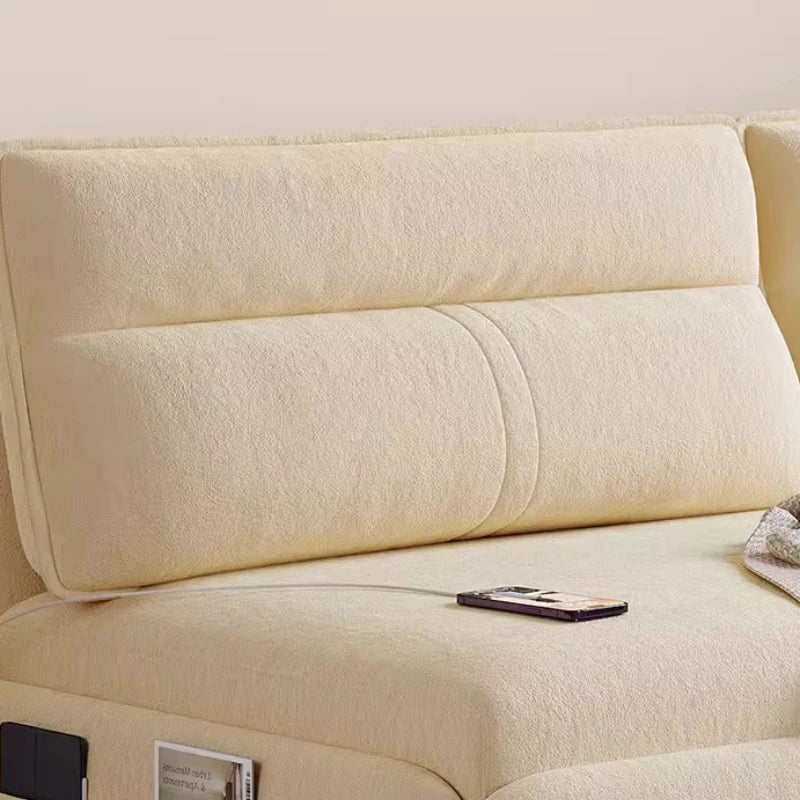 canapé lit moderne tissu uni beige clair rangement électrique pliant bois latex