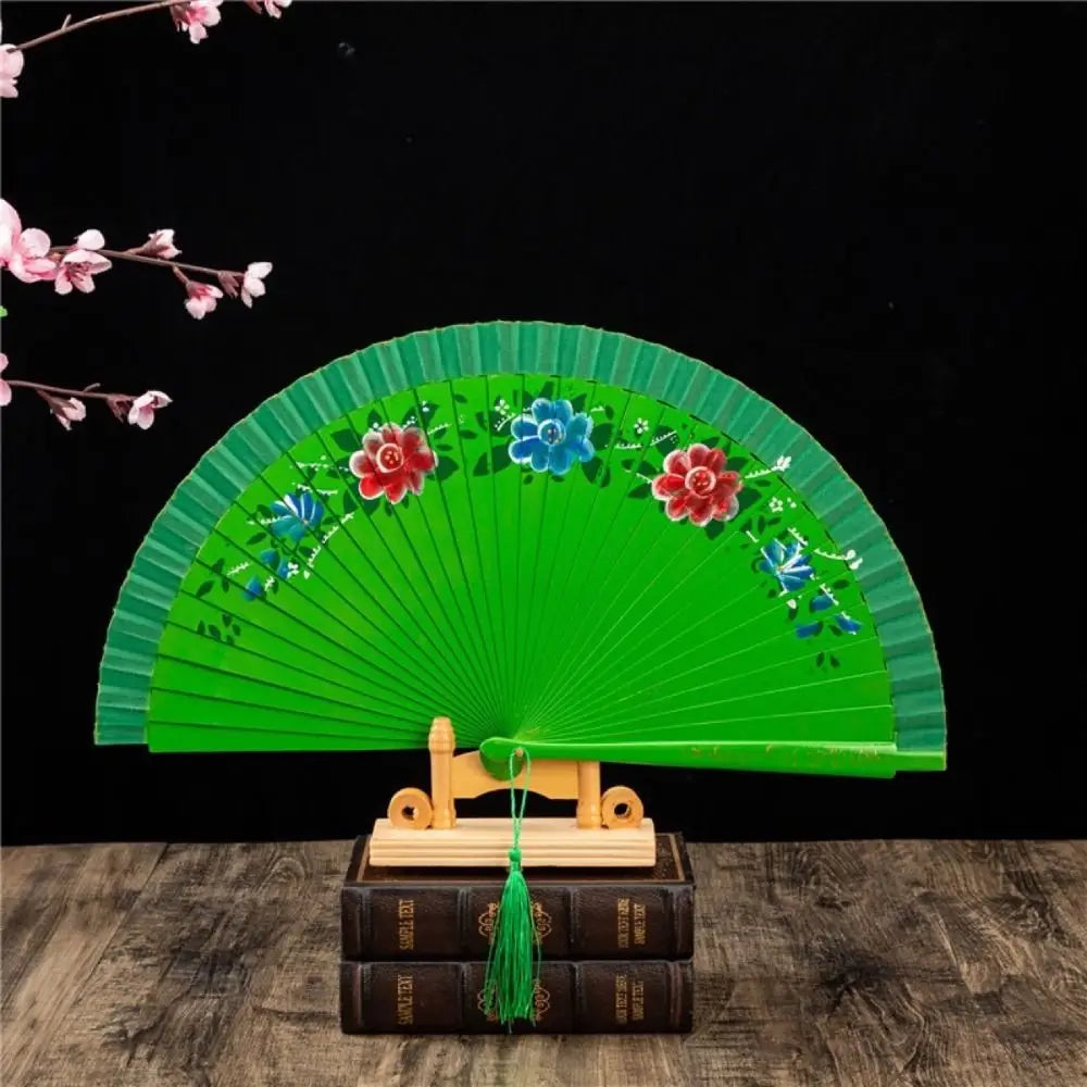 éventail main traditionnel rose rouge vert fleurs tassel peint mainOpaque